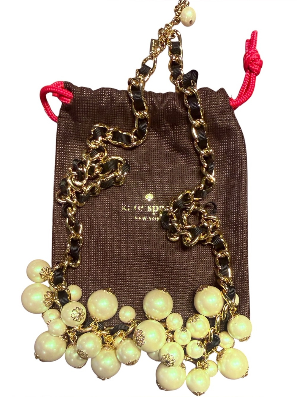 kate spade Gold-Tone Chain Ribbon w/ Ivory Pearl Cluster Necklace Dustbag